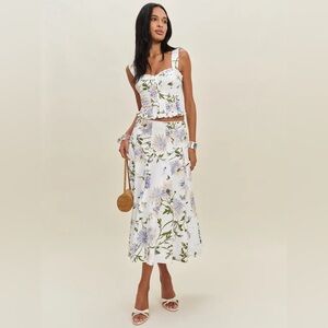 Reformation White Floral Midi Dress with Lavender and Green Print